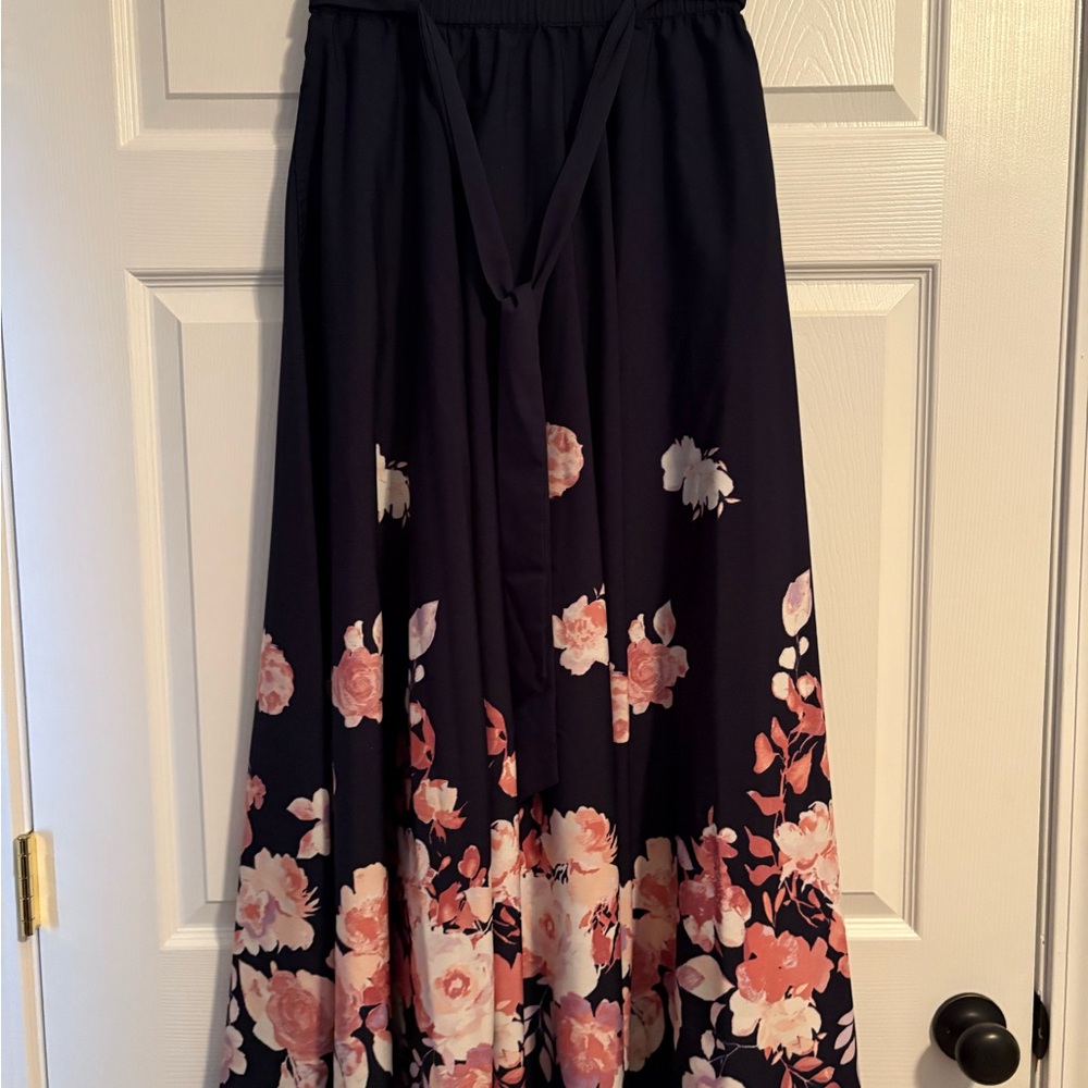 Navy and Pink Maxi A-line Skirt with Tie Front